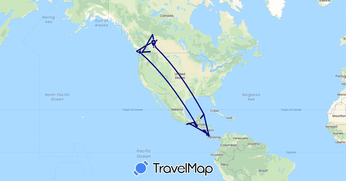 TravelMap itinerary: driving in Canada, Costa Rica, Guatemala, Mexico, Nicaragua, United States (North America)